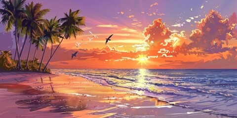 Beautiful sunset beach painting with palm trees. Serene coastal landscape