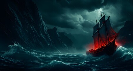 Fototapeta premium AI generated illustration of a pirate ship sails in the ocean at night near a lighthouse