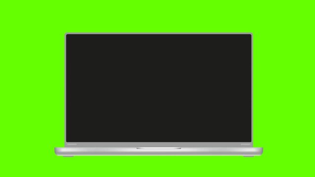 A modern laptop with an empty black screen on a green background.