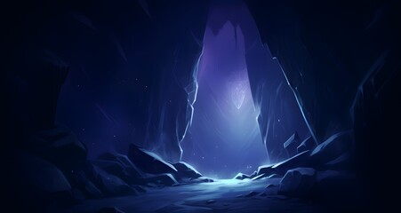 AI generated illustration of a nighttime in a cavern with rocks and water - obrazy, fototapety, plakaty