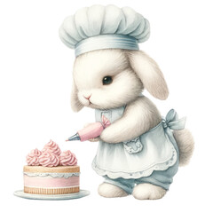 Sweet bunny chef meticulously decorating a cake with pink icing, in a charming blue outfit, embodying the art of dessert crafting, Concept of confectionery art, meticulous decoration, and delightful i