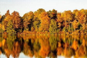 Scenic view of Lake Jean at Ricketts Glen State Park in Pennsylvania in autumn