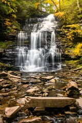 Fototapeta na wymiar Vertical shot of a waterfall at Ricketts Glen State Park in Pennsylvania in October