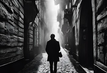 a person in a coat walks down an alleyway at night