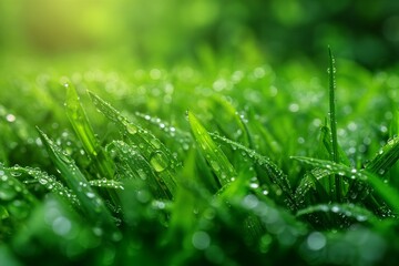 AI generated illustration of a close-up of water droplets on green grass