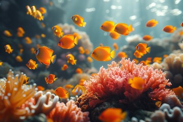 Fototapeta na wymiar AI generated illustration of colorful tropical fish swimming above vibrant coral reef