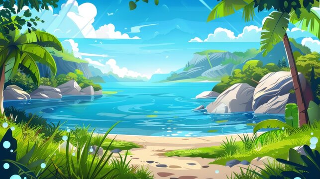 An elegant cartoon summer natural landscape with rocky hills and a pond beach with grassland under a blue sky and clouds. Blue water in a lake or river at the feet of mountains with green grass and