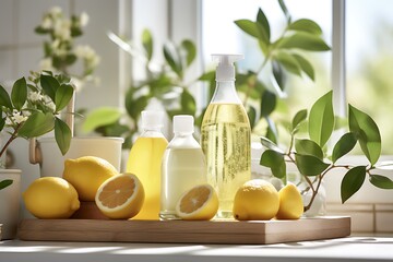 Bottles of natural cosmetic products with lemons on table in bathroom