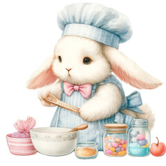 Adorable bunny chef with baking ingredients, in a chef's outfit, reflecting the preparation of delicious treats, Concept of baking, ingredient preparation, and captivating illustrations
