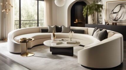 Elegant Curved Sofa in a Chic Modern Living Room. A chic modern living room elegant curved sofa with plush cushions, serene, neutral color palette.