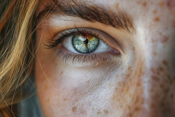 AI generated illustration of Close-up photo of brown and green-eyed person with freckles - obrazy, fototapety, plakaty