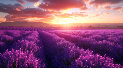 AI generated illustration of a sunset over French lavender fields, sun setting behind clouds