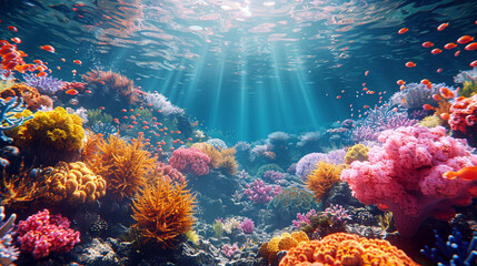 AI generated illustration of underwater coral reef with fish swimming near the surface