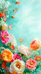 Delicate roses and blooms in soft shades of pink, coral, and cream float ethereally against a tranquil teal backdrop, creating a dreamlike floral display