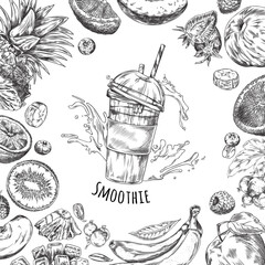 Tropical fruits and berries with Smoothie jar engraved sketch frame design, natural vitamin food hand drawn vector label