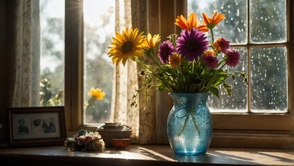 sunlit flowers in blue glass vase on window sill