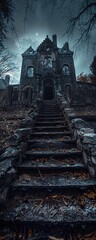 Elevate your design with a tilted angle view that uncovers the chilling beauty of haunted enclaves Embrace the darkness and let the ghostly elements emerge - obrazy, fototapety, plakaty