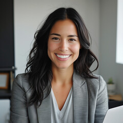 LinkedIn profile picture, 30 years old, white female, very straight, black hair, happy eyes, natural smile, blazer and t-shirt