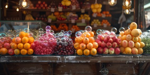 Rustic farmers market stall overflowing with giant, iridescent soap bubble fruit - obrazy, fototapety, plakaty