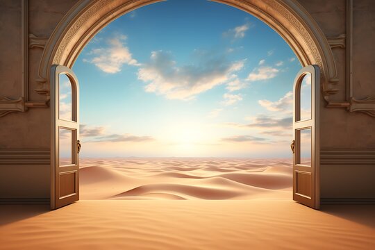 Opened door in desert with sand dune and cloudy sky background