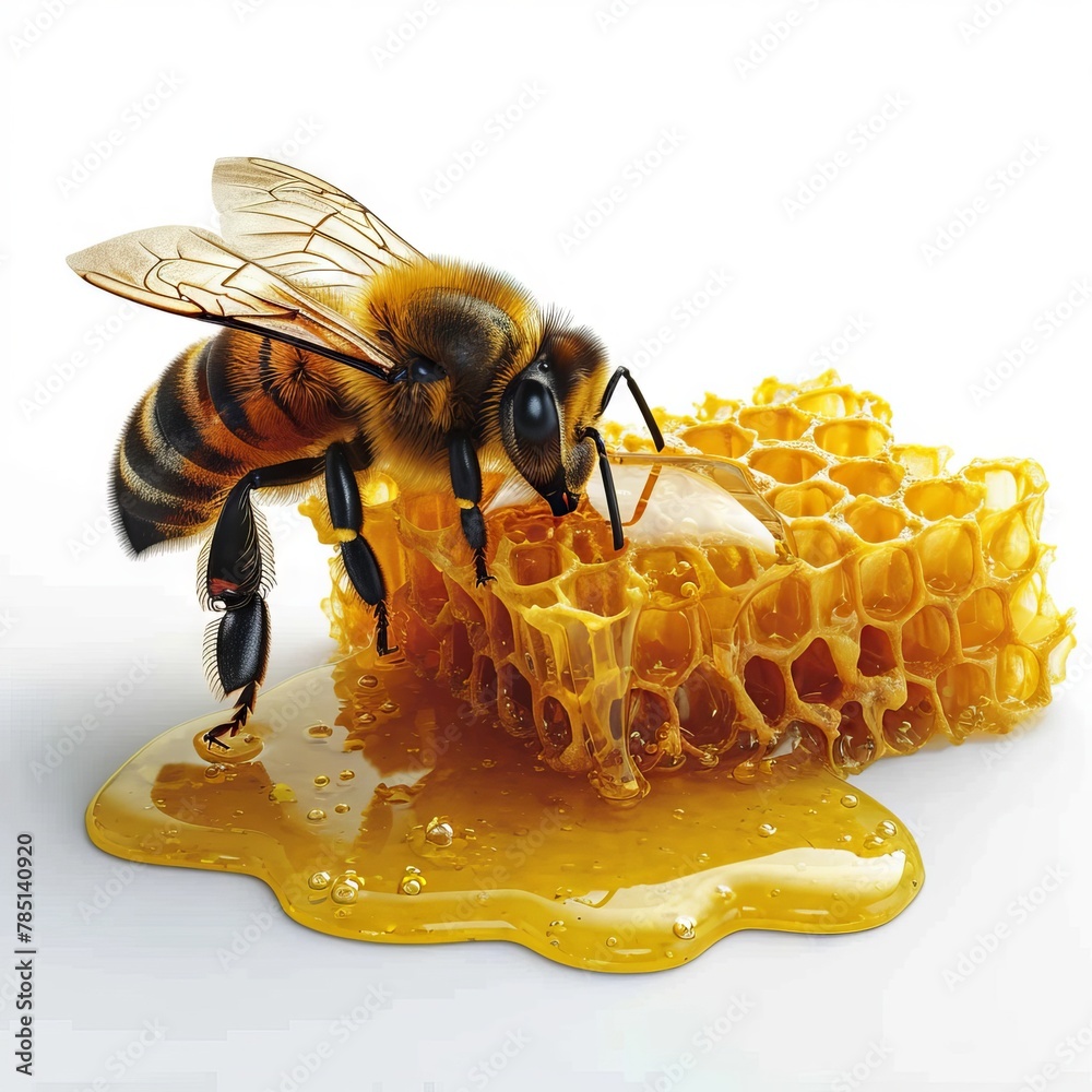 Wall mural AI generated illustration of a honeybee on a dripping honeycomb