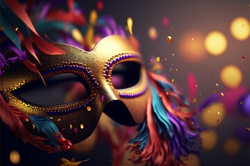 a carnival mask that is being worn with feathers and colored ribbons - obrazy, fototapety, plakaty
