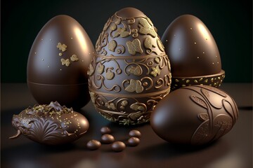 several chocolate eggs that are brown and have gold designs on them