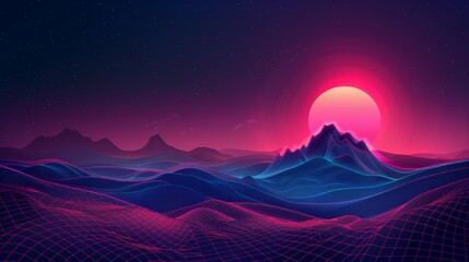 In this retro synth wave background, a large grid mountain is framed by a neon pink sunset. The background has a real retro 80's 8-bit retro 80's style. There is an abstract wireframe geometric hilly - obrazy, fototapety, plakaty
