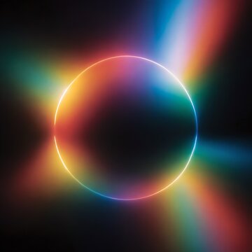 A circled beam of light showing the colors ofo the rainbow, spectrum of light in a dark scene