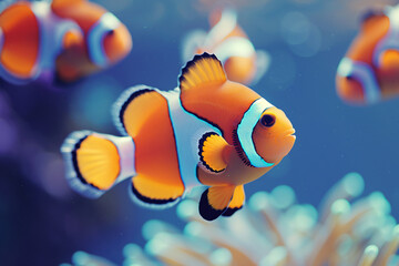 Clownfish swimming playfully among colorful coral and anemones in a vibrant underwater scene