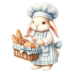 Adorable bunny chef carrying a basket of freshly baked bread, in a striped outfit, embodying the delight of bakery products, Concept of baking, bread presentation, and endearing illustrations
