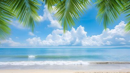 Fototapeta na wymiar Summer beach background with clear blue sky and frame palm leaf