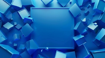 Background of blue geometric shapes with glassmorphism square plate in the middle