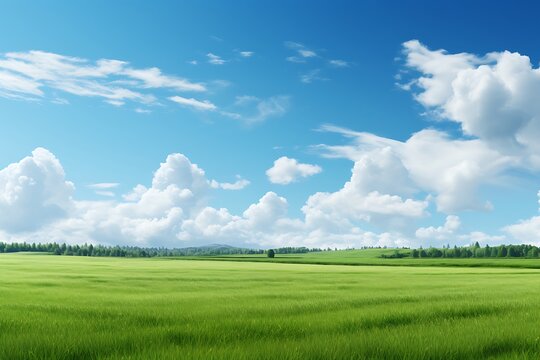 Green meadow and blue sky with clouds. Nature composition. 3d render