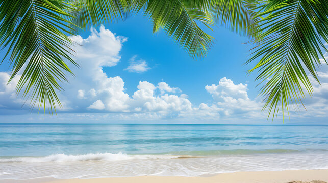 Summer beach background with clear blue sky and frame palm leaf