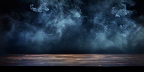 indigo background with a wooden table and smoke. Space for product presentation, studio shot, photorealistic