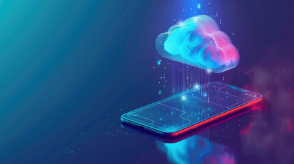 Smartphone transferring files to the cloud file and data storage. Cloud computing service, abstract technology background with cloud symbol