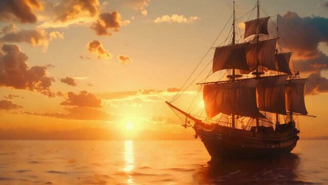 Medieval ship with white sails sailing at beautiful sunset. Mystery scary boat. Gorgeous rich sailboat. Vessel floating sea, ocean. Fairytale historical nautical travel. Seascape view.