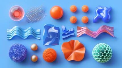 Geometric elements on a blue background, including discs, balls, and wavy fabric
