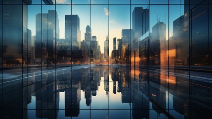 the city is reflected in the mirror glass wall of this building - obrazy, fototapety, plakaty