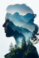 Double exposure of woman profile and mountain landscape