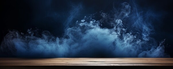 indigo background with a wooden table and smoke. Space for product presentation, studio shot, photorealistic - obrazy, fototapety, plakaty