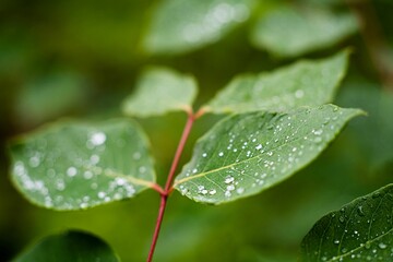 Selective focus of Raindrops on leaves with blur background