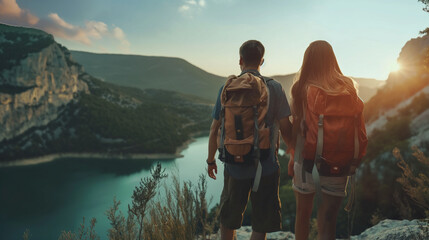 Rear view of a young happy smiling, loving hiking couple of a girl & a boy with backpacks in a mountain river or lake forest background. Outdoor adventure, traveling, enjoying nature concept. - obrazy, fototapety, plakaty