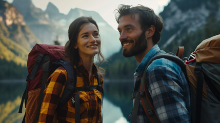 Front view of a young happy smiling, loving hiking couple of a girl & a boy with backpacks in a mountain lake forest background. Outdoor adventure, traveling, enjoying nature concept. - obrazy, fototapety, plakaty