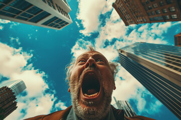 A man screams in front of skyscrapers. panic attack or nervous breakdown, wide angle portrait