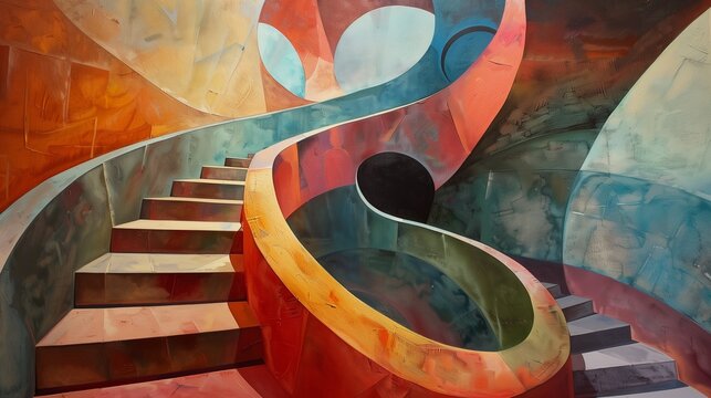 a painting of stairs going up to a ball and tunnel