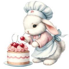 Bunny chef meticulously decorating a pink cream cake with cherries, in a light blue and pink outfit, symbolizing dessert artistry, Concept of dessert decoration, culinary skill, and charming illustrat