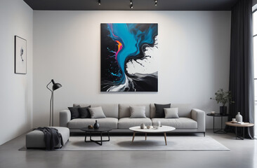 Interior of a modern room, with a large painting on the wall