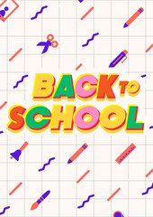 Education and school banner with icons school supplies on checkered background